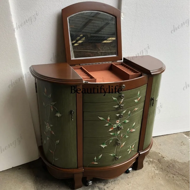Flip folding dressing table stacking gold painting combination semi-round dressing table walnut green