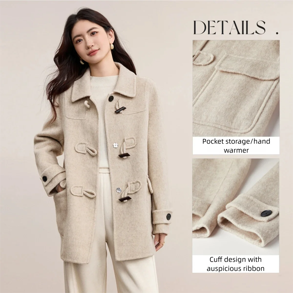 SENTUBILA Women's Double Faced Woolen Coat 2025 Winter College Style Jacket Horn Button Commuter Warm Thick Overcoat W54OC2675