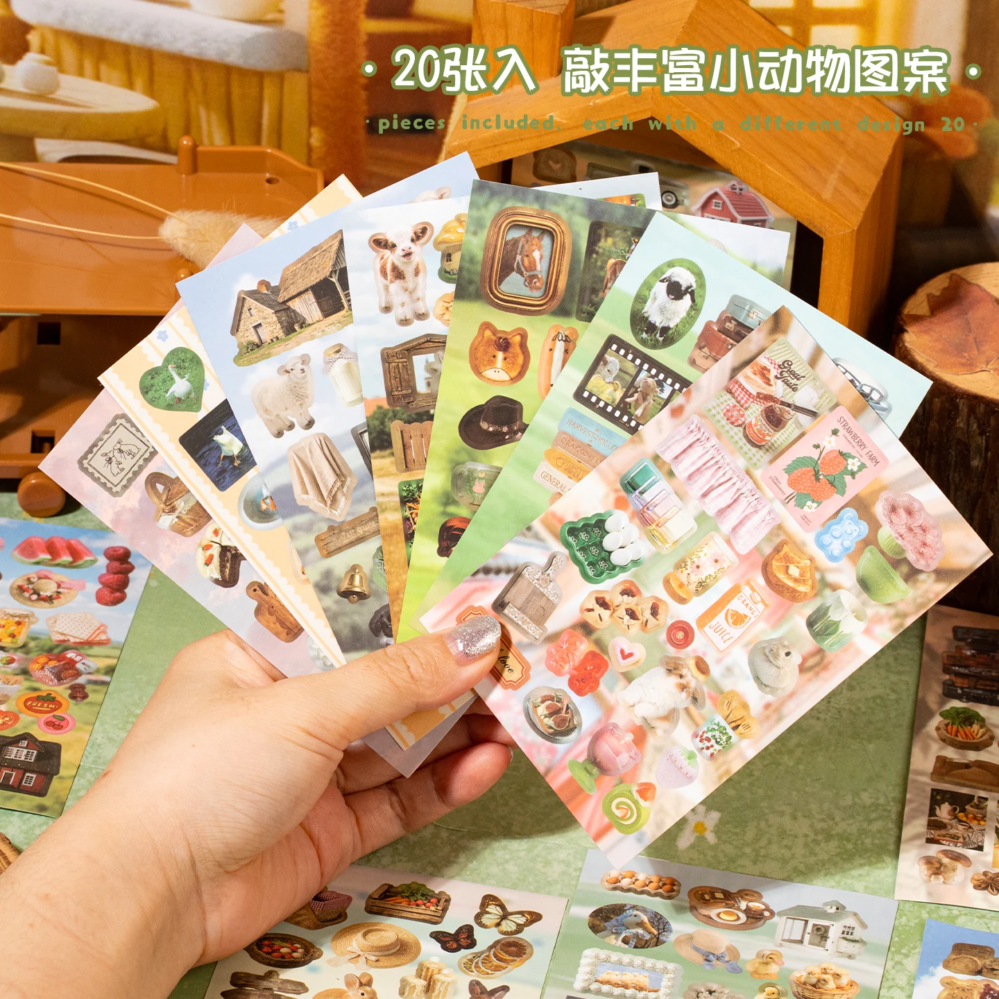 20 Sheets Coated Paper Sticker Book, Pastoral Meadow Rabbit & Cow Animal Stickers for Junk Journal Collage
