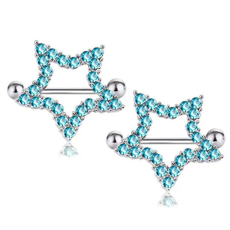 12pcs/Lot Crystal Star Nipple Shiled Ring Stainless Steel Straight Rod Nipple Bars Helix Piercing Nombril Breast Cover Jewelry