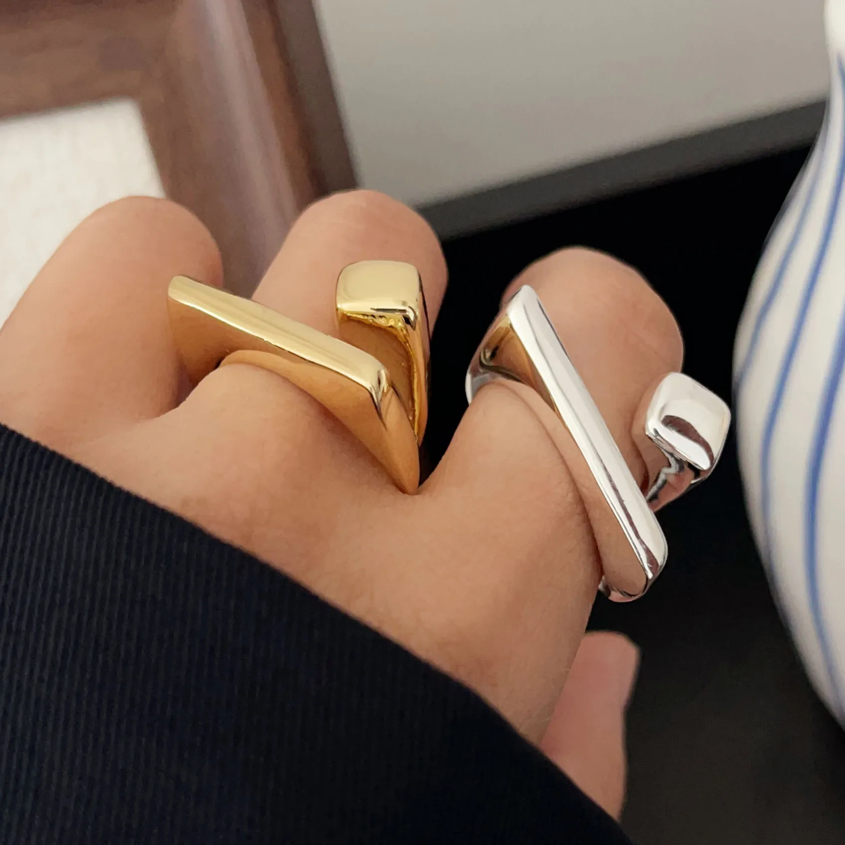 

925 Sterling Silver Rings For Women Geometric Fine Jewelry Finger Adjustable Geometric Gold Ring For Party Birthday Gift