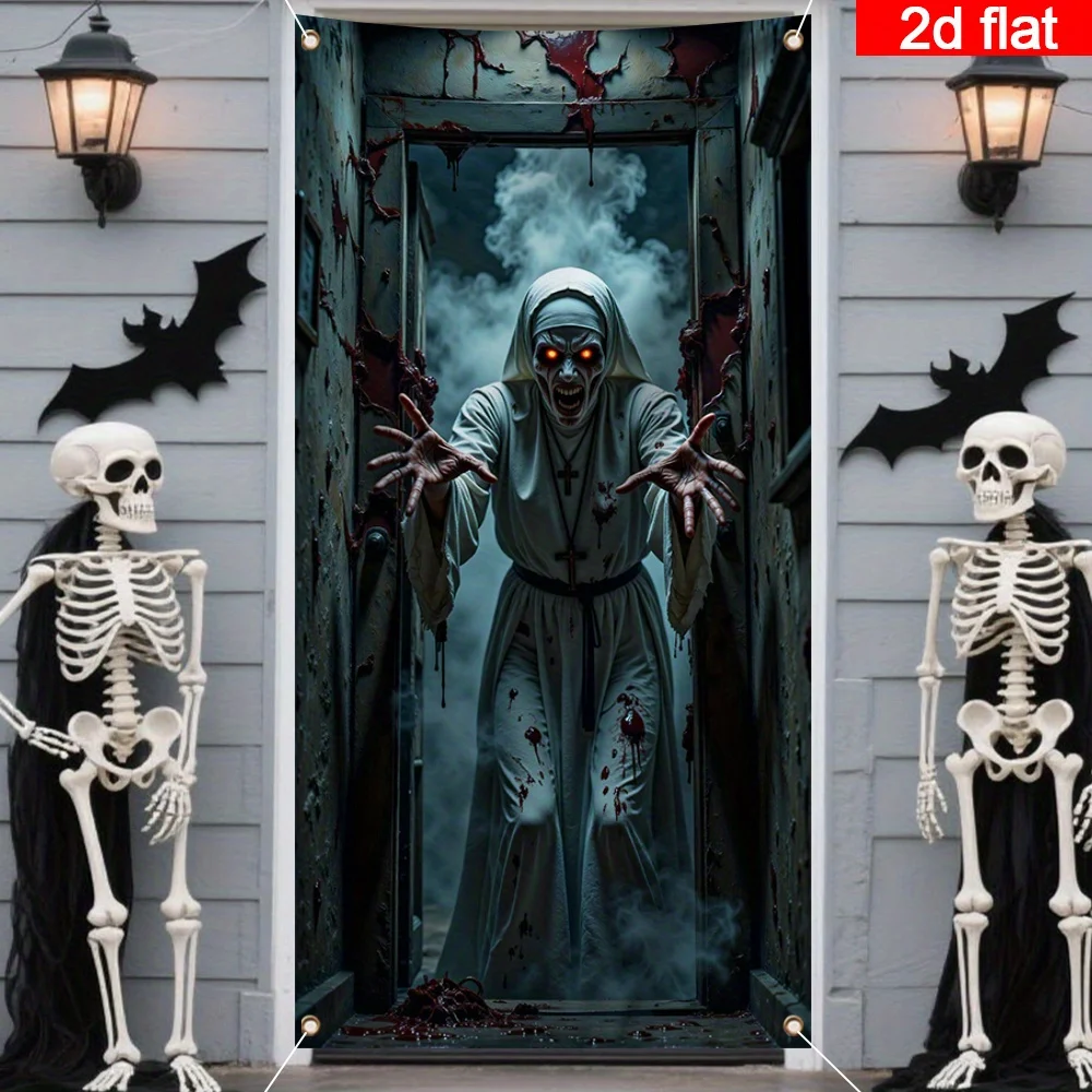 لافتة باب ثنائية الأبعاد، قطعة واحدة من زينة باب الهالوين الكبيرة - لافتة رعب راهبة التهديد وتصميم قوطي ملون بالدم #3