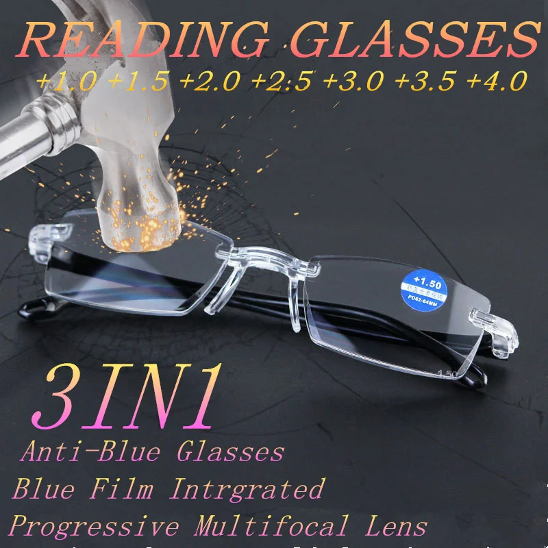 FG Men Women Rimless Reading Glasses bifocal presbyopia remote and near dual-use Anti Blue Light Presbyopic Glasses +100-+400