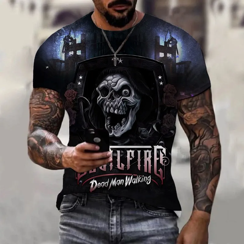 2023 Men Summer New Round neck T-shirt Short Tops Terror Sleeve Skull Pattern 3D Printing Fashion casual Street Men's Clothing