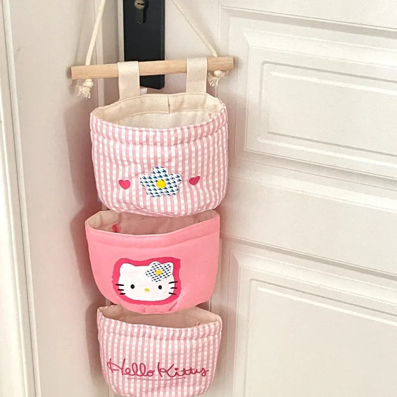 Sanrio Hello Kitty Door Storage Hanging Bag Wall Fabric Hanging Hairpin Sundries Storage Rack Layered Jewelry Organizer Box Cute