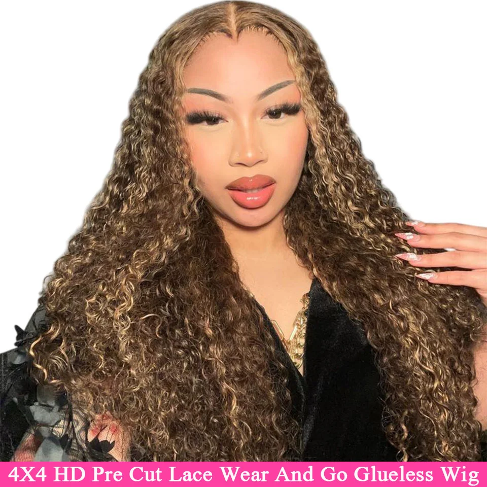 

Honey Blonde Curly Highlight Wigs Preplucked 4x4 Pre Cut Lace Curly Human Hair Wigs 30INCH Wear And Go Glueless Wigs Human Hair