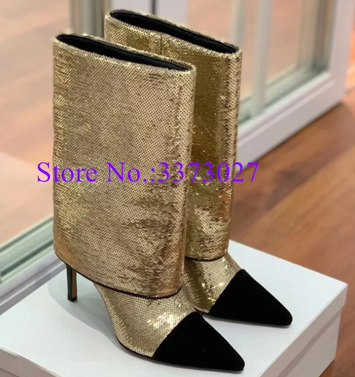 

New Sequin Woman Mid-calf Boots Sexy Pointed Toe Stiletto Heel Short Boots Female Fashion Banquet Shoes Dropship