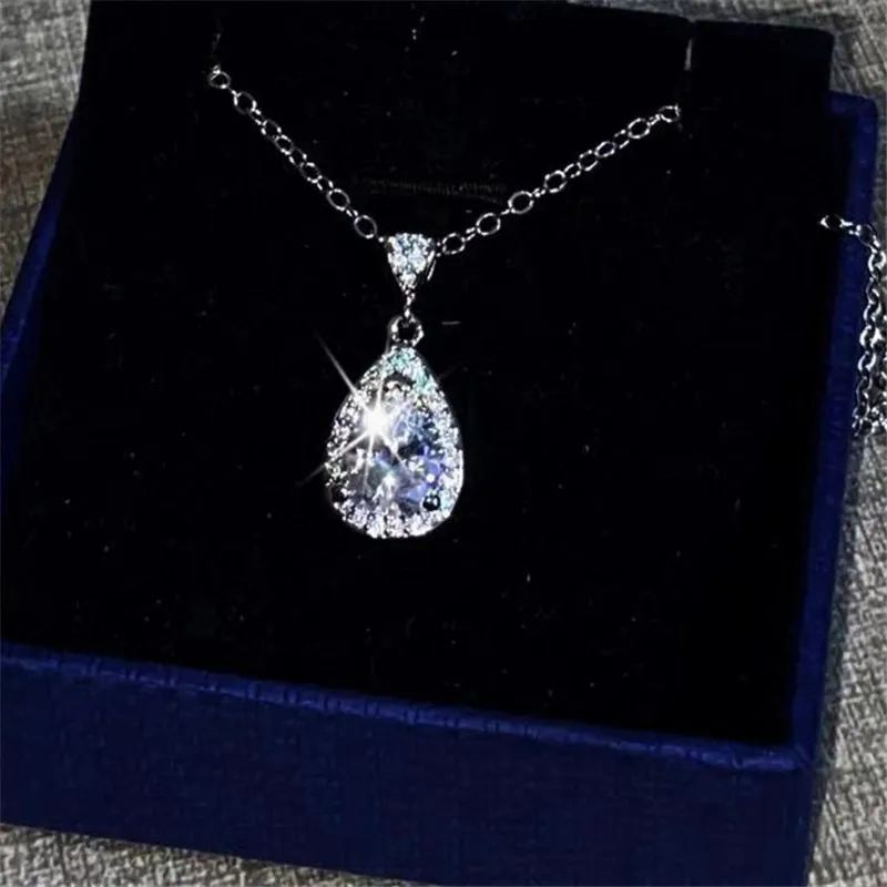 CC Water Drop Pendants Necklaces For Women White Cubic Zircon Bridal Wedding Engagement Accessories Colar Chain CCN003