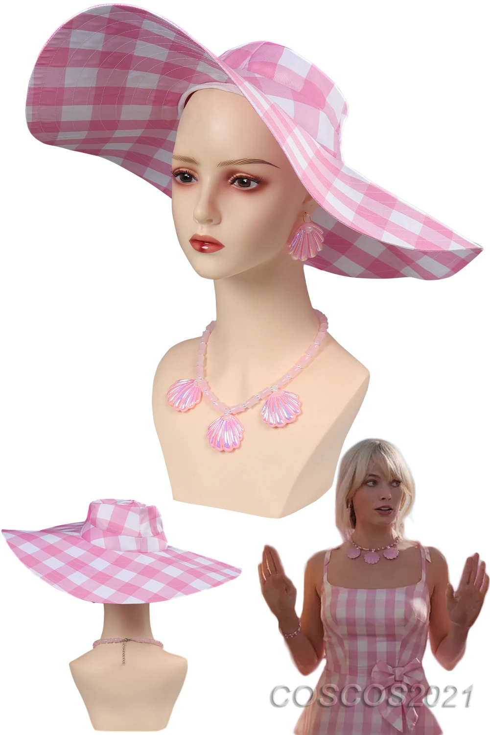 Margot Cute Pink Plaid Hat 2023 Movie Barbei Fantasy Cosplay Costume Accessory Halloween Fantasia Props For Fancy Dress Up