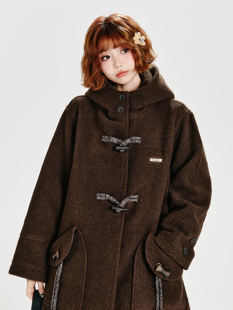 Zimní tlustý vlněný kabát, středně dlouhý, s kapucí, volný střih, teplý, ležérní svrchní oblečení, retro přepínací kabát, teplá dlouhá bunda - náhled 4