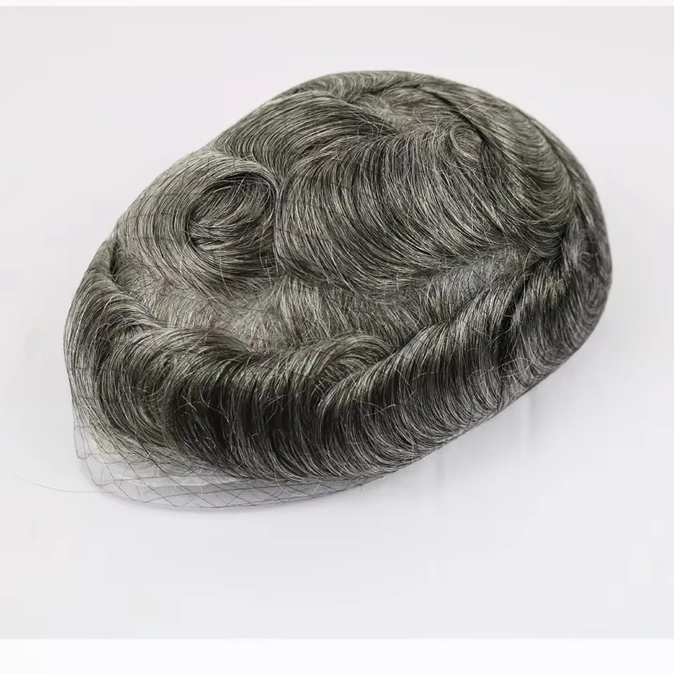 Unsichtbare Knoten 0,06mm Dünne Haut V-Loop Herrenperücke Natürliches Echthaar Toupet für Männer Langlebiges Grau-Blondes Haarsystem Kapillarprothese – Detail 5
