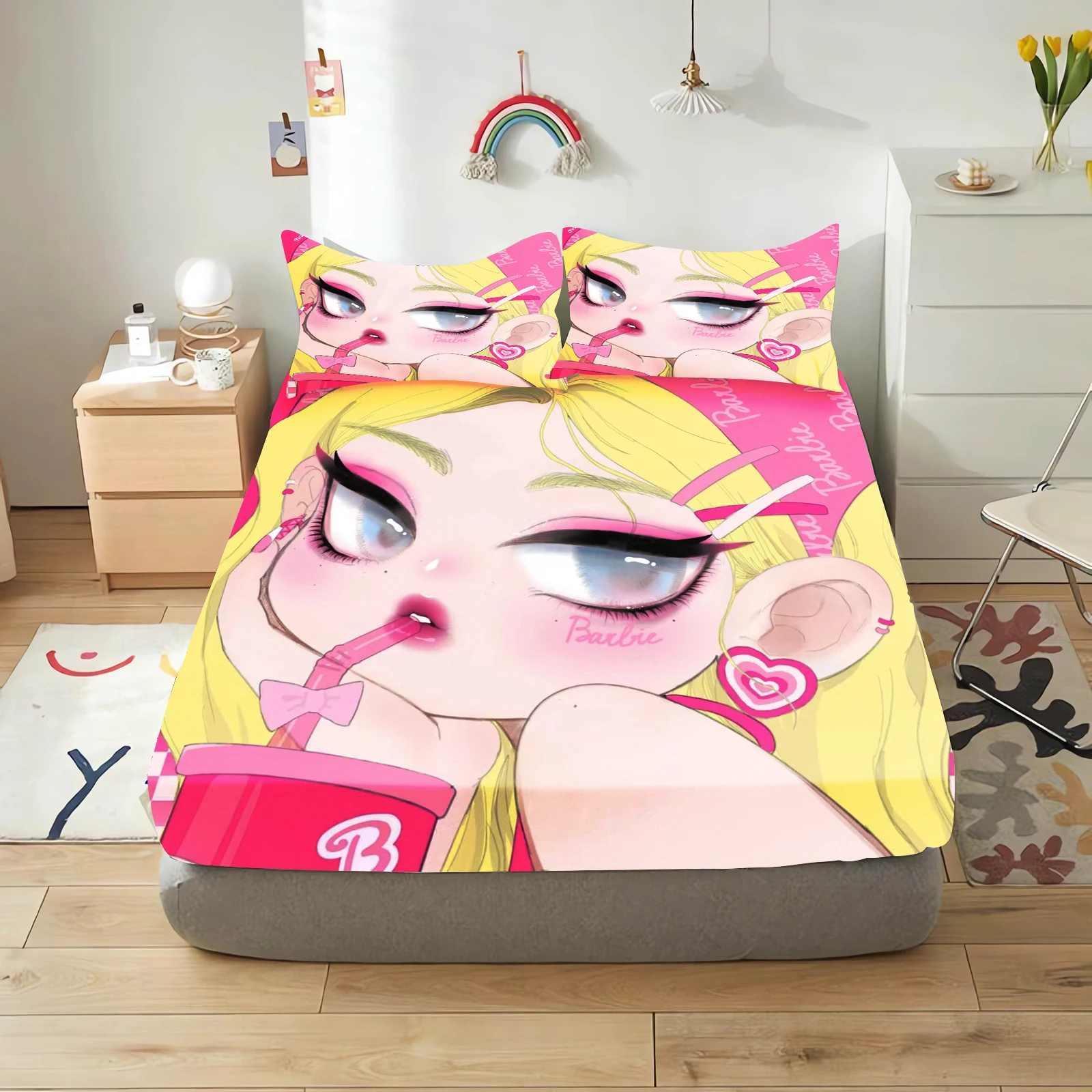 Lenzuola con angoli Barbie Cartoon Stampa 3D Set di federe per camera da letto per bambini carini Biancheria da letto regalo per adulti in