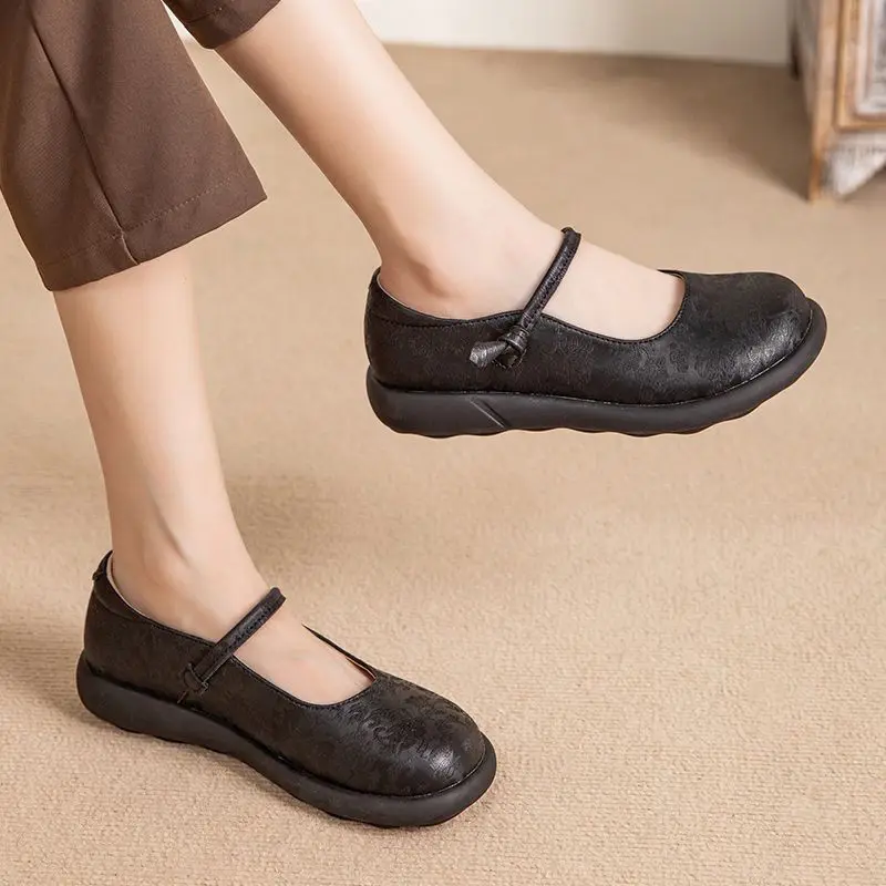New green mary jane flats women\'s wide toe shoes ladies soft loafers split leather shallow shoes mom nurse flats woman moccasin