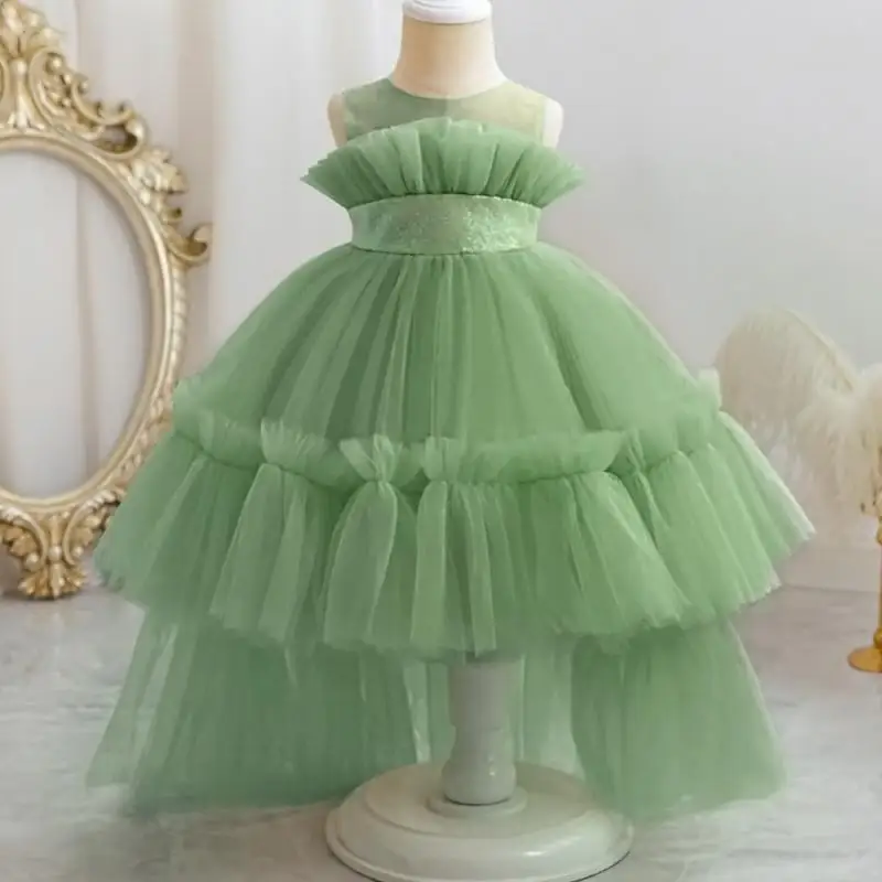 Little Girl Summer New Solid Color Sweet and Cute Mesh Tail Fluffy Dress Wedding Flower Girl Fashion Evening Dress