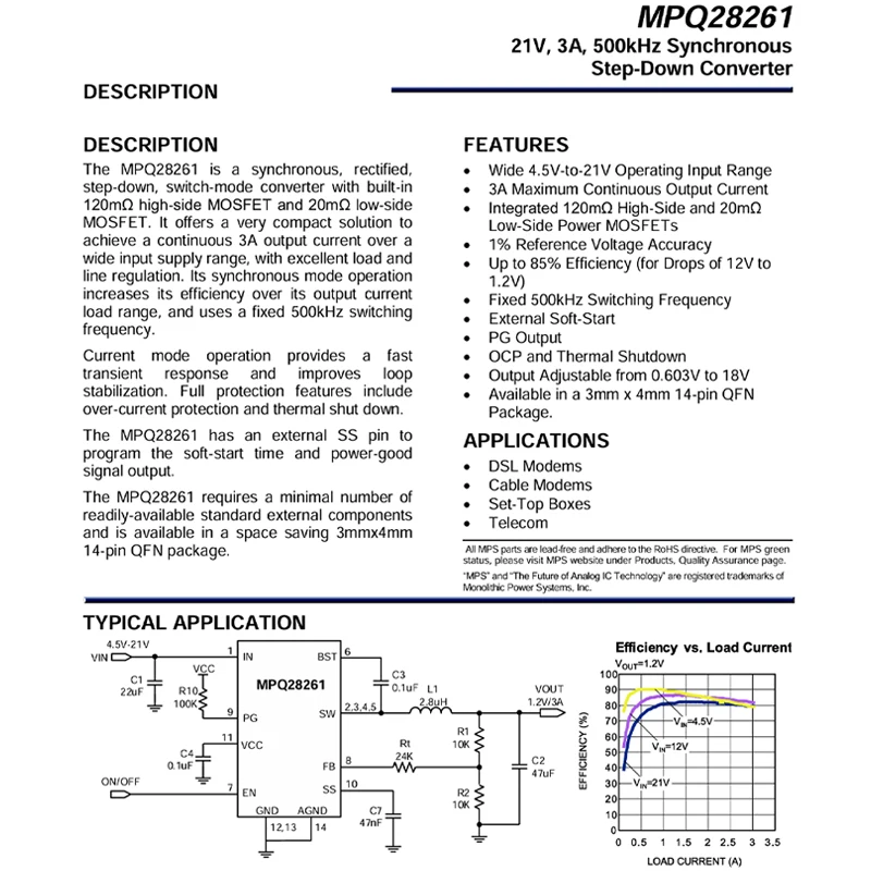 5PCS MPQ28261DL-LF-Z 2826 QFN-14-EP(3x4) 21V, 3A, 500kHz Synchronous Step-Down Converter DC-DC power management IC