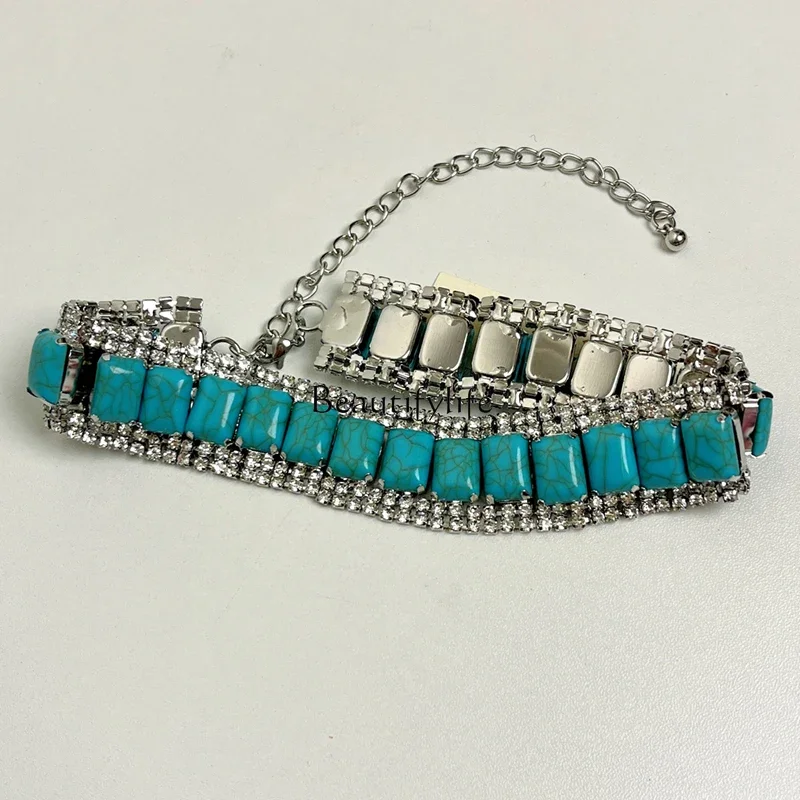 

Exaggerated flash diamond square turquoise wide version jewelry light luxury niche accessories