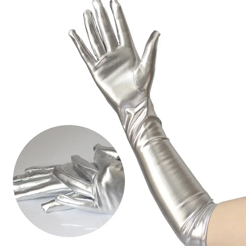 

New Gold Silver Wet Look Fake Leather Metallic Gloves Evening Party Performance Mittens Women Sexy Elbow Length Long Latex