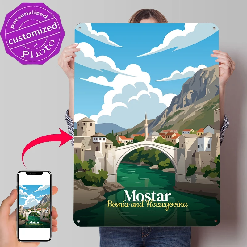 Mostar Bosnien und Herzegowina Reise-Blechposter Individualisierte Wandkunst Retro Vintage Metallschilder für Fans Dekorationen