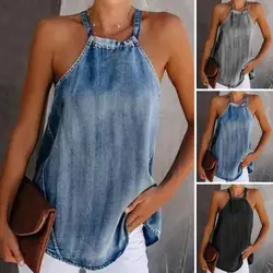Women Halter Tank Top Sleeveless Denim Casual Shirt O Neck Spaghetti Straps Soft Summer Ladies Halter Cami Shirt Vacation