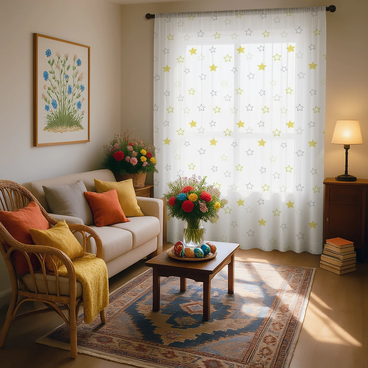 1 Piece Cute Yellow Star Sheer Curtain - Light Filtering, Privacy, Rod Pocket, for Living/Bedroom/Kids Room