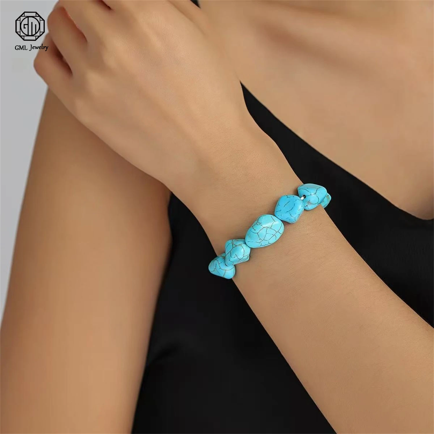 Natural Turquoise Irregular Nugget Beaded Bracelet Necklace Set Stretch Earring Pendant Choker Exquisite Ethnic Jewelry Gift