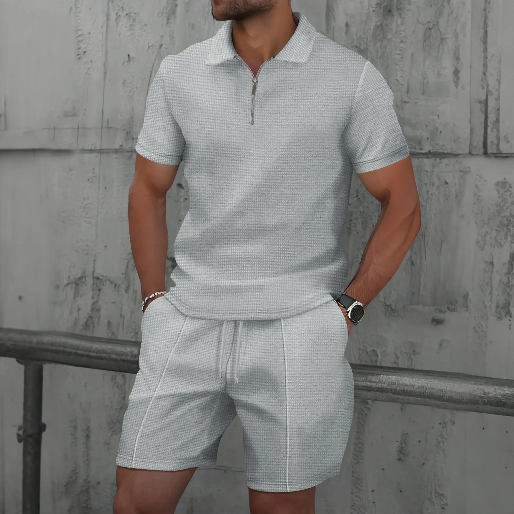 

Summer Men Suits Solid Color Waffle Lapel Slim-Fit Casual Fashion Zip-Up Short Sleeve Shirts Suit Shorts Two Sets