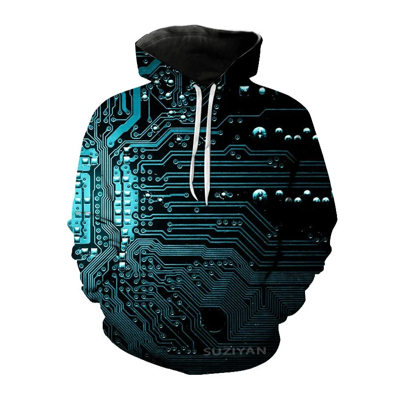 Sudadera con capucha con estampado 3D de Chip electrónico para hombre, ropa de calle de tendencia creativa, sudadera informal de gran tamaño para exteriores