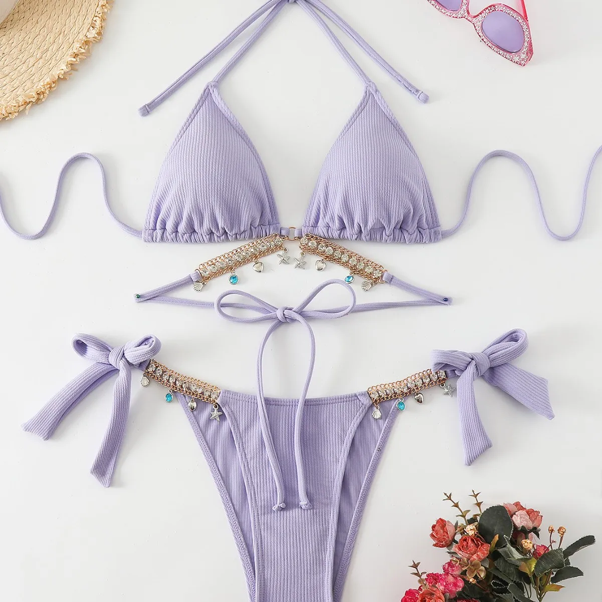 

2024 Бикини с бриллиантовой цепочкой и ремешком из волнистой ткани, женский купальник, треугольное бикини с накладкой на грудь, без стальной поддержки, бренд 00