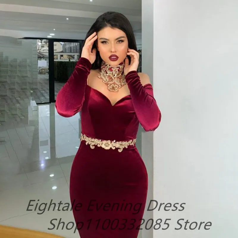 Customized Burgundy Mermaid Velvet Evening Dress For Women Luxury Designer Long Sleeve Dubai Arabic Formal Prom Party Gown