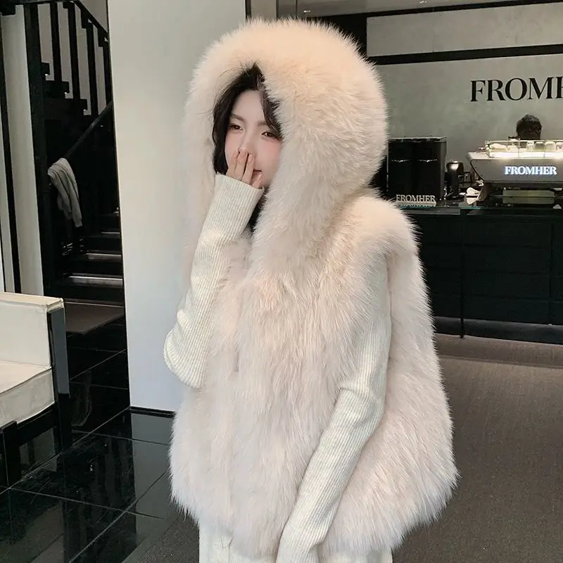 Thickened Vest Double-sided Fluffy Big White Bear Imported Fox Hair Fashion Thickened Big Hat Vest Exquisite Simple Personality