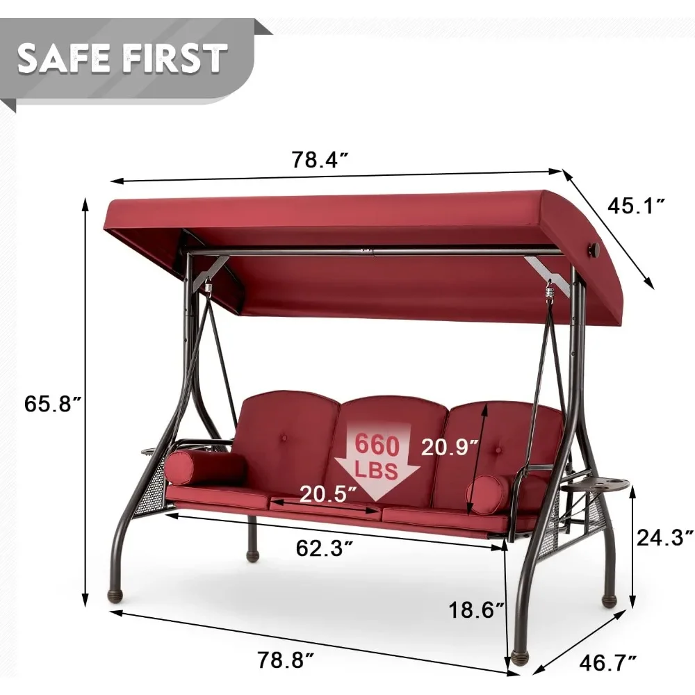 Swing Sets for Backyard with 3-Seat, Adjustable Canopy and Stand, Thicken Cushions,Pillow & Cup Hold, Outdoor Swing