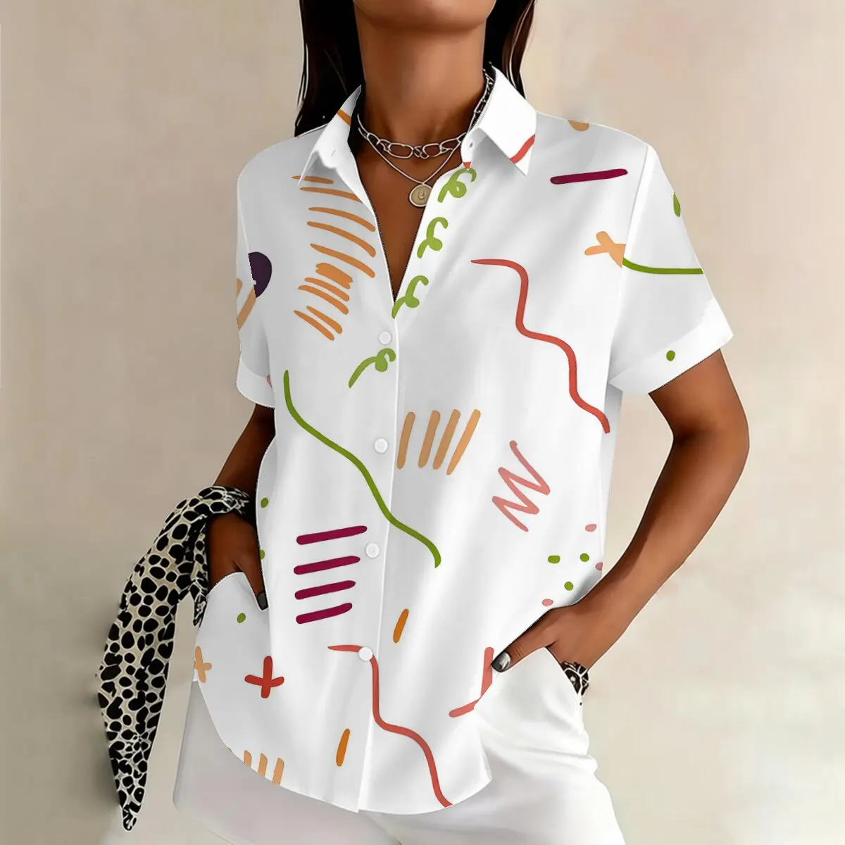 

Personalized Abstract Color Lines Graffiti Printed Collar Short sleeved Shirt for Women Summer Casual Daily Versatile Top