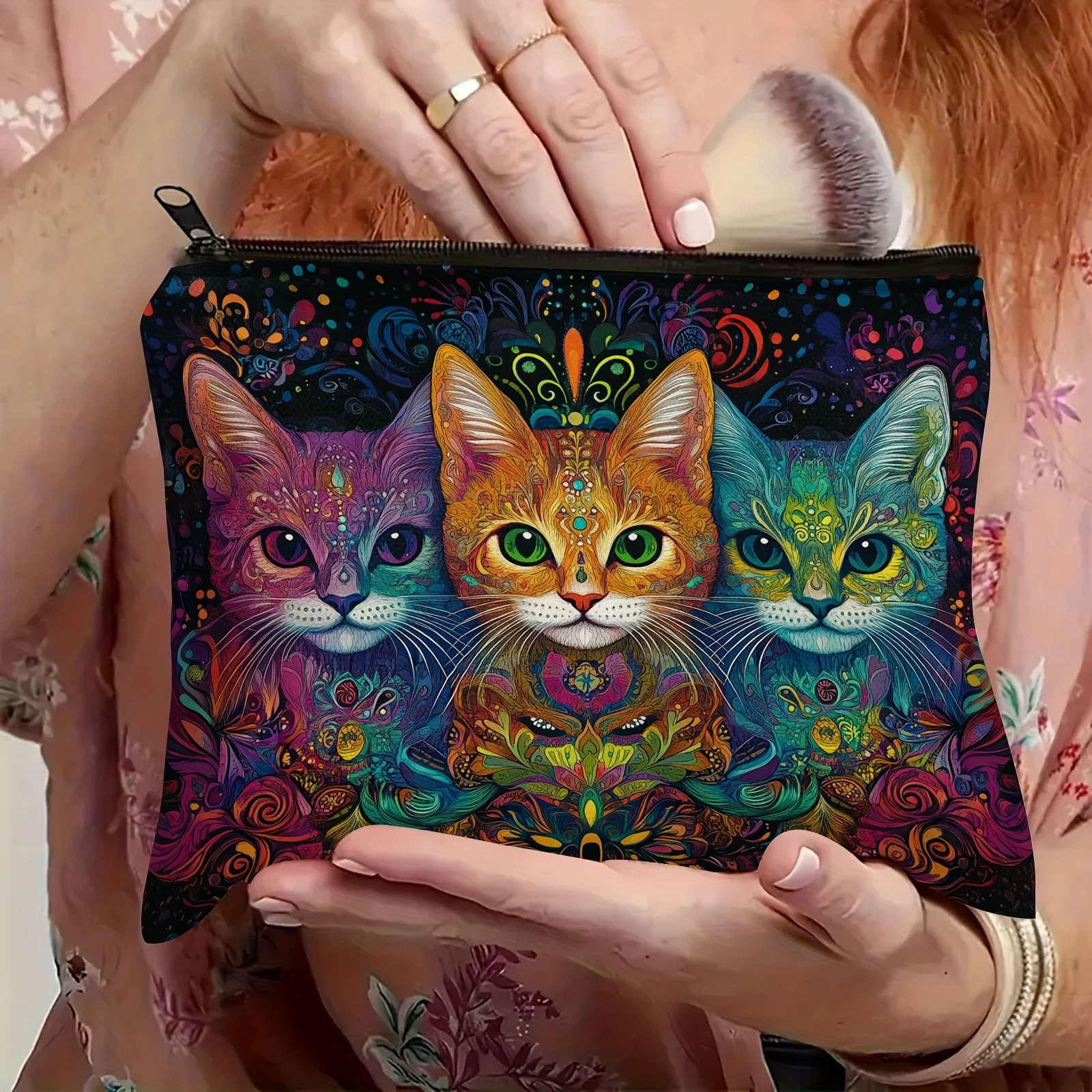 

Причудливая яркая косметичка с богемным котом, многофункциональный дорожный органайзер для туалетных принадлежностей, легкая косметичка на молнии