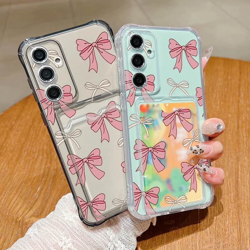 حافظة جيب للبطاقات لهاتف سامسونج جالاكسي S25 Edge S24 Ultra Plus S23 S24 FE S22 A56 A55 A36 A26 A16 5G A35 A25 A15 ربطة القوس فيونكة غطاء من البولي يوريثان