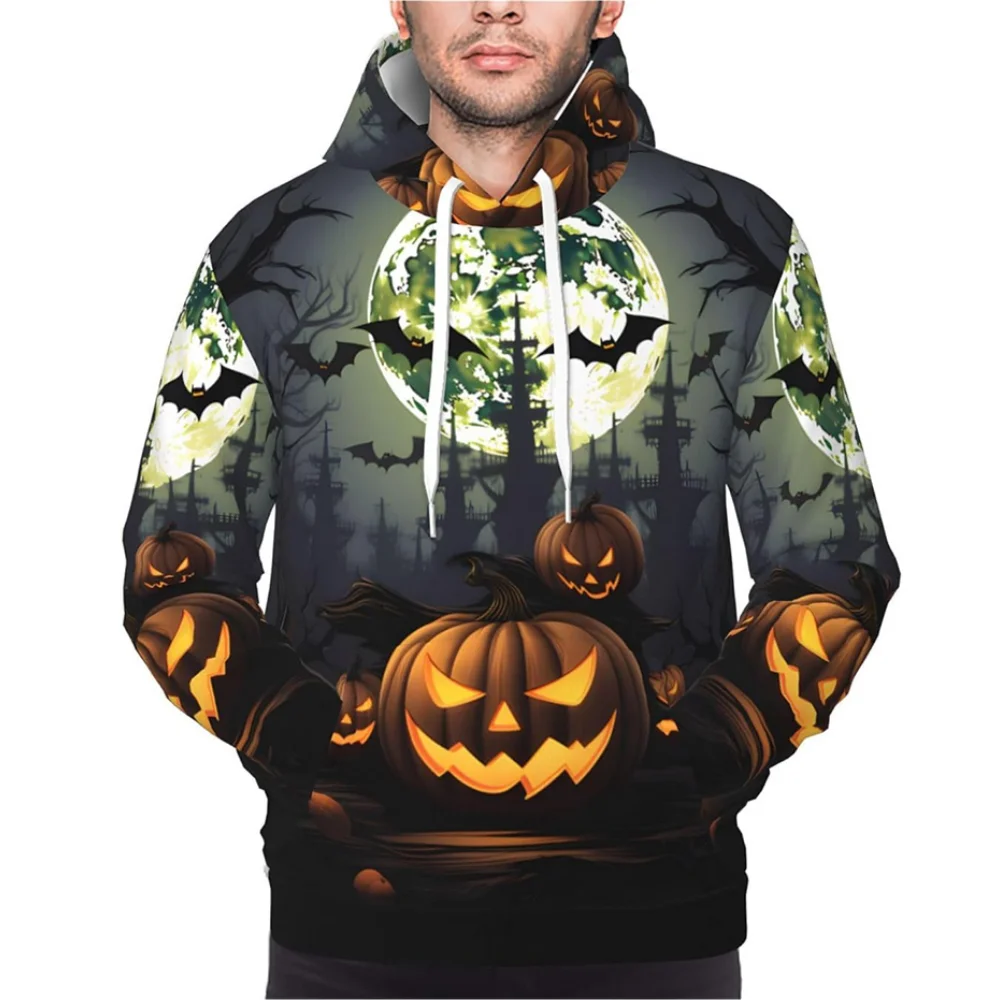 

Halloween Men's Hoodies Funny 3D Bat and Pumpkin Print Sweatshirts Fashion Hip Hop Dress Up Clothing Autumn and Winter Pullover