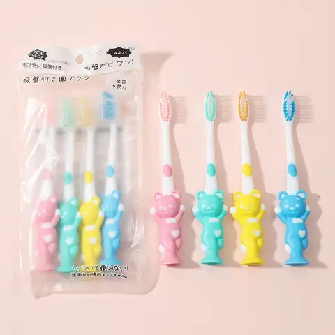 4 Pcs 부드러운 강모 어린이 칫솔 흡입 컵 자료와 토끼 곰 모양의 어린이 만화 칫솔