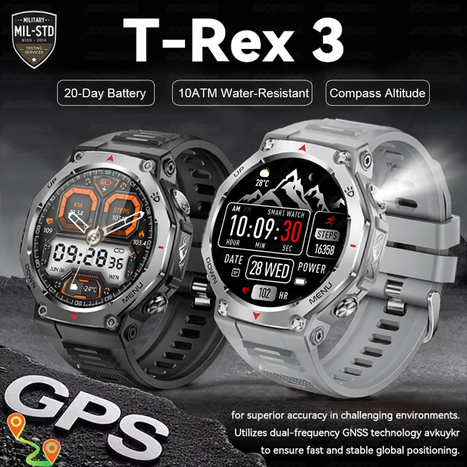 

2026 New T-Rex 3 GPS Smart Watch 10ATM Waterproof 525mAh Battery Bluetooth Call Health Flashlight Military Sports Smartwatch Men