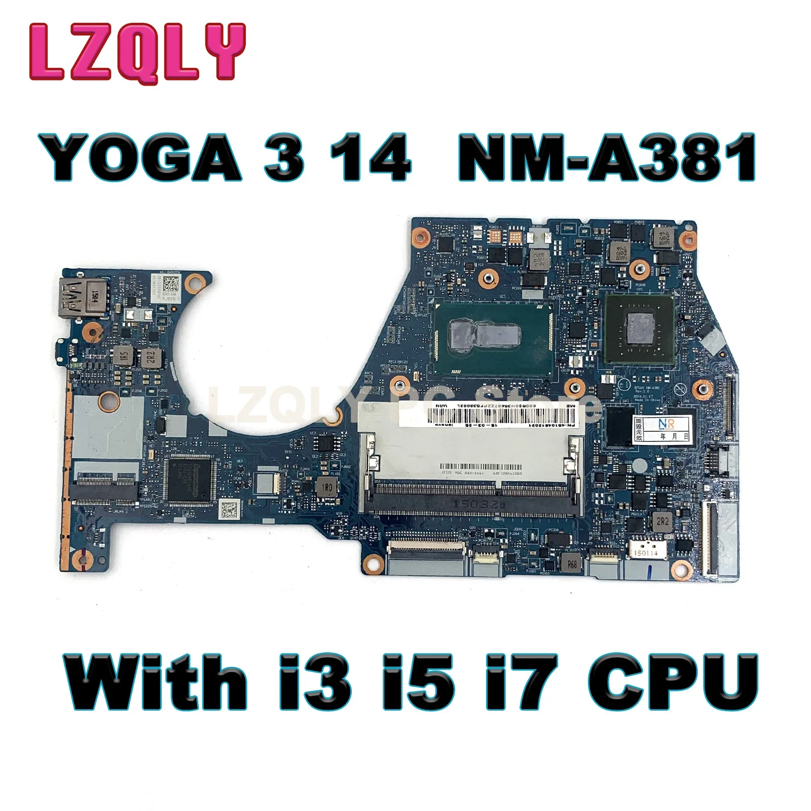 For Lenovo YOGA 3 14 YOGA3 14 Laptop motherboard With i3 i5 i7 5th CPU BTUU1 NM-A381 100% tested good free shipping