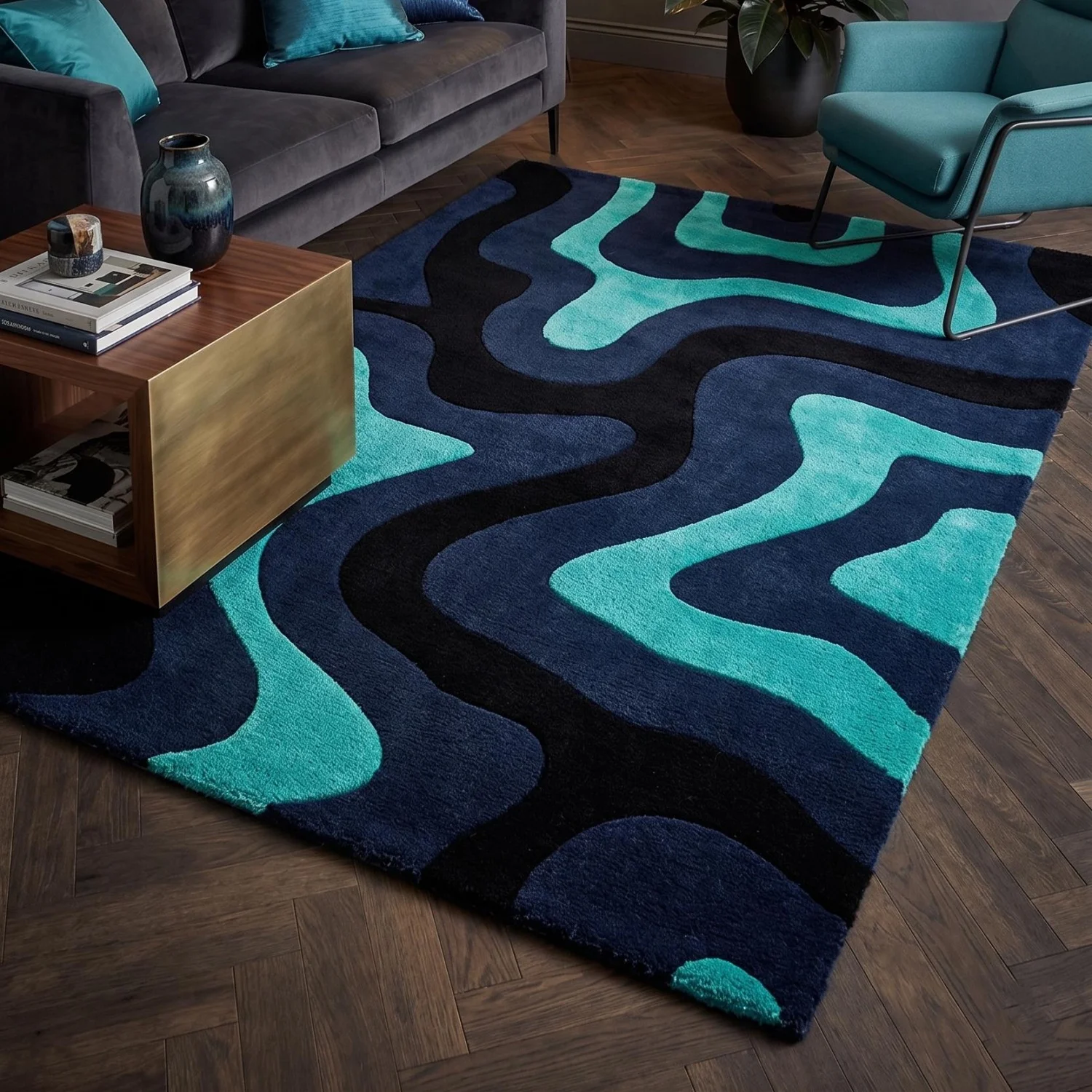 Room Decor Rug  Luxury H1and Tufted New Zealand Wool Rug R Wavy Blue  Turquoise Carpet Modern Abstract Area Rug Custom Size available Free Shipping