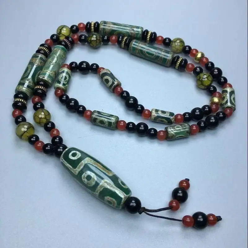 Original agate three- and nine-eye green dzi bead pendant necklace