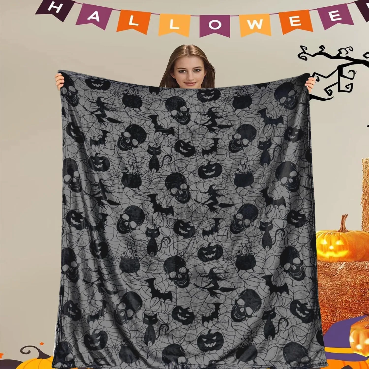 1PC Halloween Theme Throw Blanket Skeleton Skull Bats Black cat Thin Blanket Gifts for Couch Bed Car Home Camping all season use
