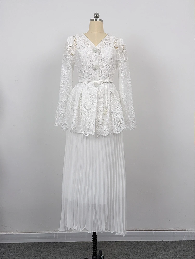 بدلة تنورة للنساء موضة نحيفة من الدانتيل بأكمام طويلة ورقبة على شكل حرف v مفرغة برباط على شكل حرف a بدلة تنورة نسائية طقم مكون من قطعتين Q1934 #4
