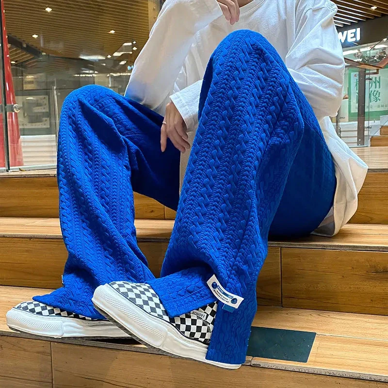 Baggy Man Pants Jogger High Street Sweatpants Loose Casual Side Straight-Leg Pants Vintage Blue Jacquard Bottoms Male Clothes