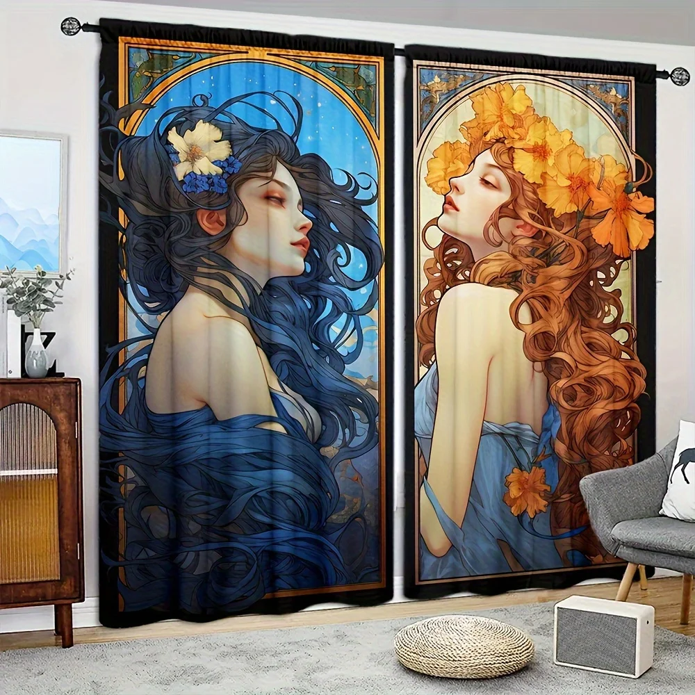 Art Nouveau Woman Curtains, Vintage Floral Goddess Window Drapes, Aesthetic Decor Blackout Fabric for Living Room Bedroom Studio