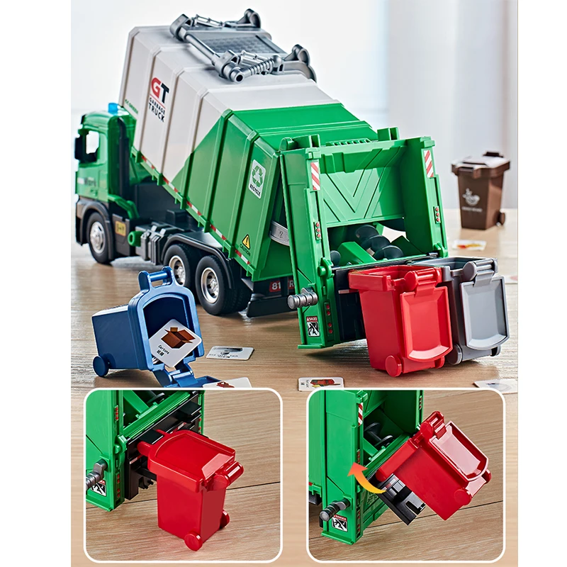 City Sanitation Truck Children Alloy Toys Model Metal Rubber Tire Dumping Recycling Function Rubbish Classification Kids Gift