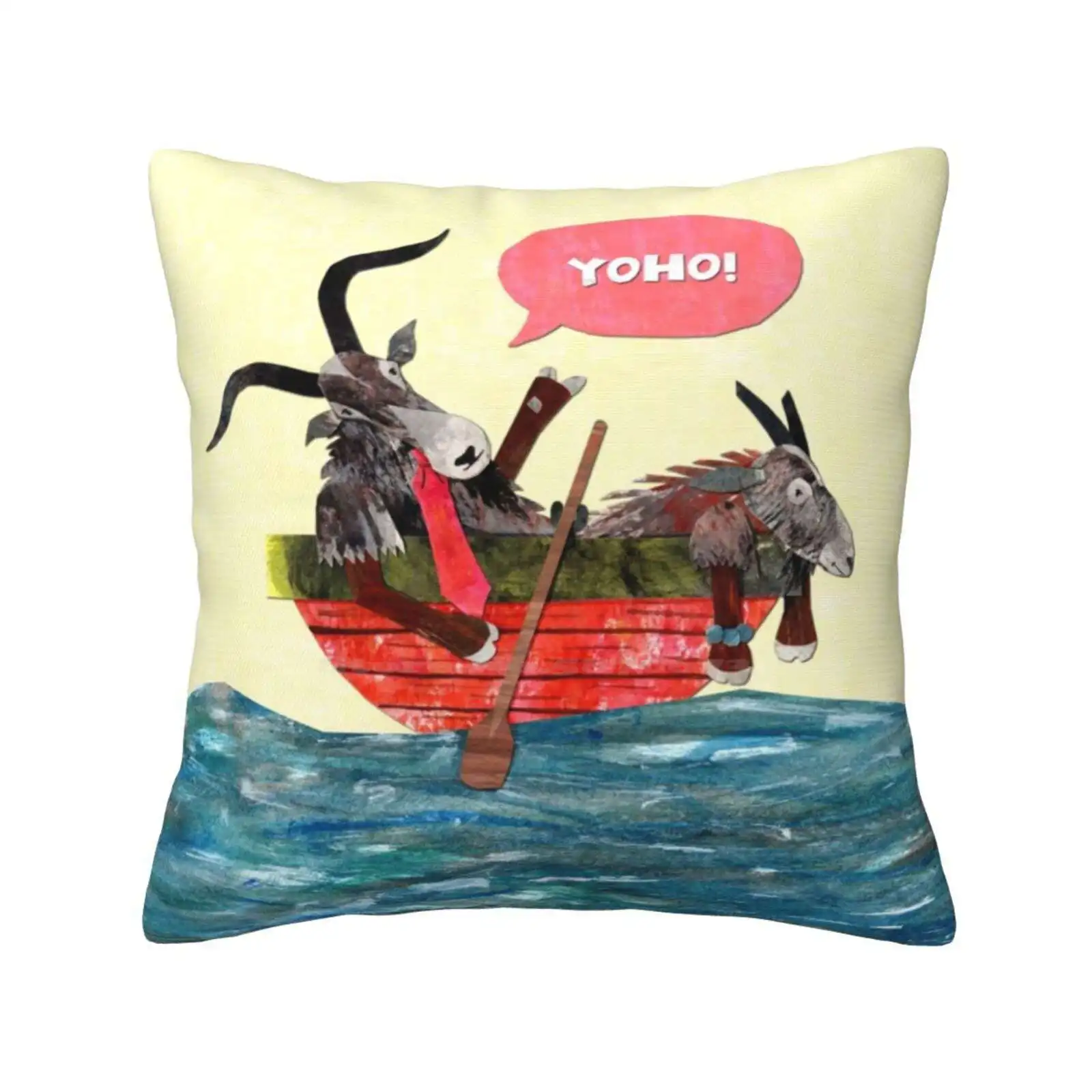 Goats In A Boat Bedroom Office Hug Pillowcase Fun Cute Bright Bold Collage Gouache Paper Sun Sea Goat Wave Paddle Oar Blue