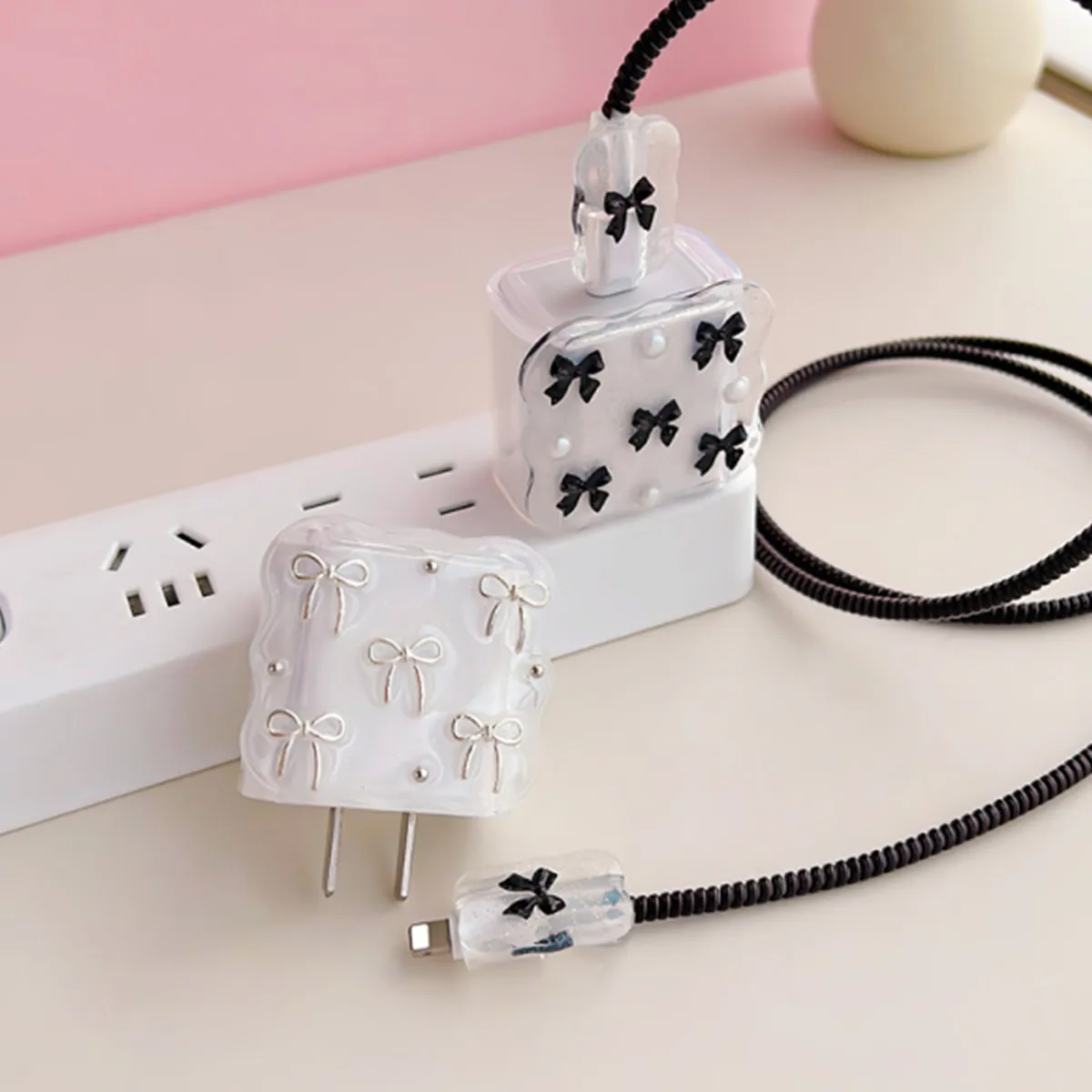 5pcs Pearl Bow Charging Data Cable Protector Winder Accessories For iPhone 18/20w Charger Protective Cover