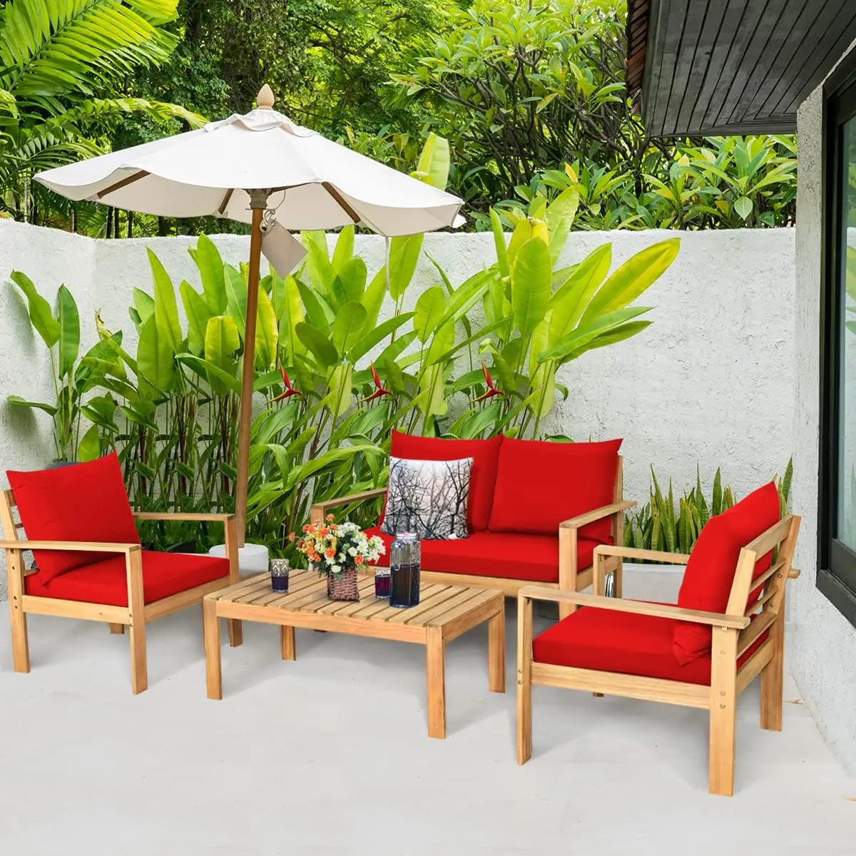 

4 Pieces Outdoor Acacia Wood Sofa Set, Outdoor Conversation Sofa Set with Table & Cushions Porch Chairs for Garden, Patio, Deck