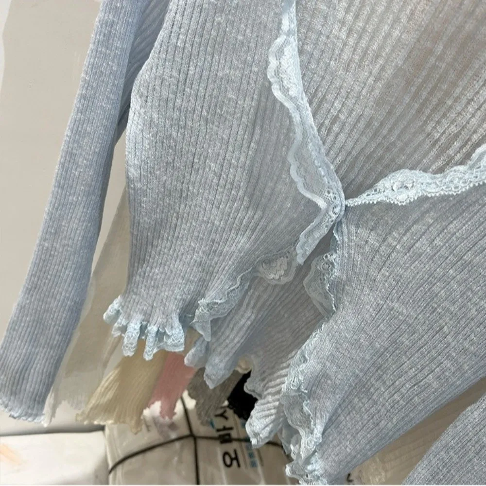 

Summer Lace Trim Crop Top V-neck Breathable Sun Protection Cardigan Long Sleeve Thin Travel Cover-up