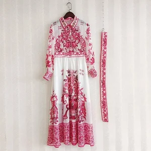 June-beobachtete Laufsteg Maxi Blumendruck für Frauen, Perlenkristall, Langarm, blaues, weißes Porzellan, falsche Seide, Chiffon-Kleider 6 Hauptverkaufskleid Blue Shirt - №5